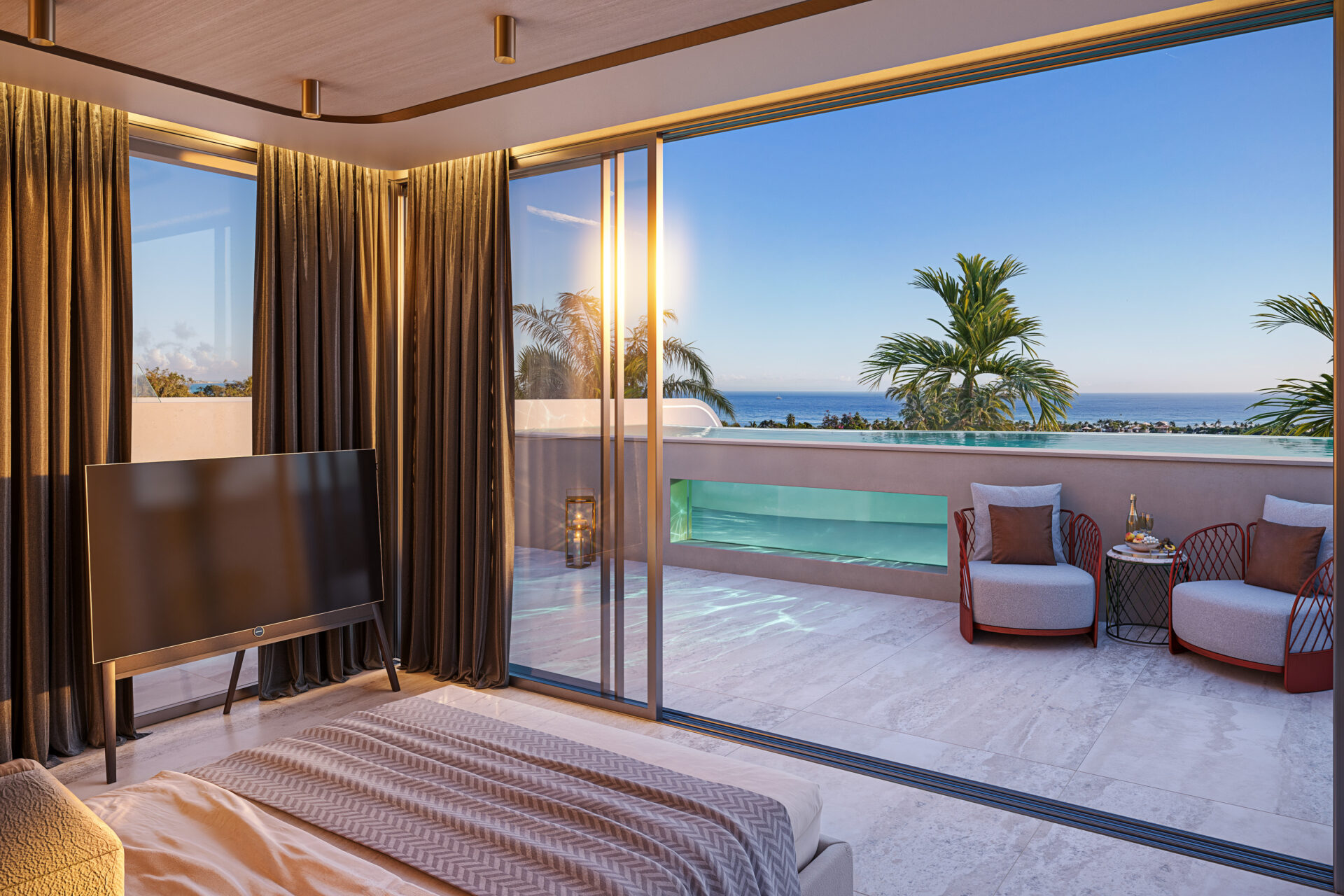 Panoramatický výhľad na more zo strešnej terasy penthousu