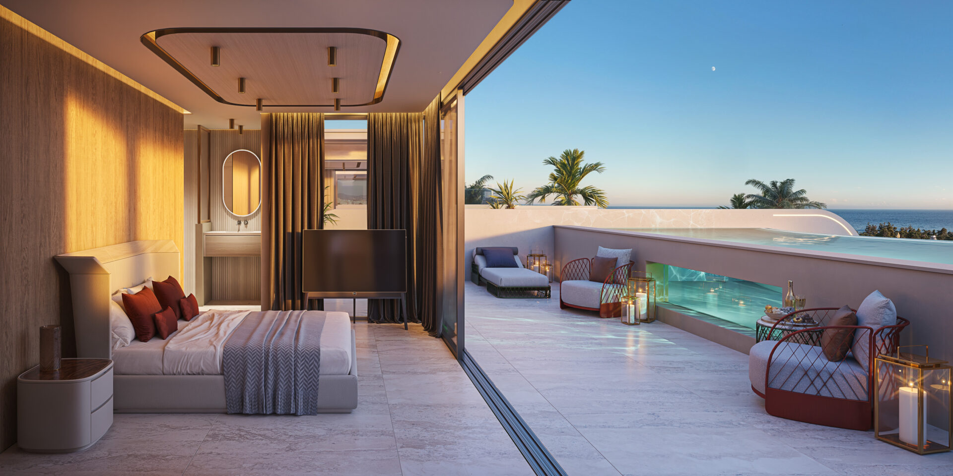 Hlavná spálňa penthousu s výstupom na terasu so strešným bazénom