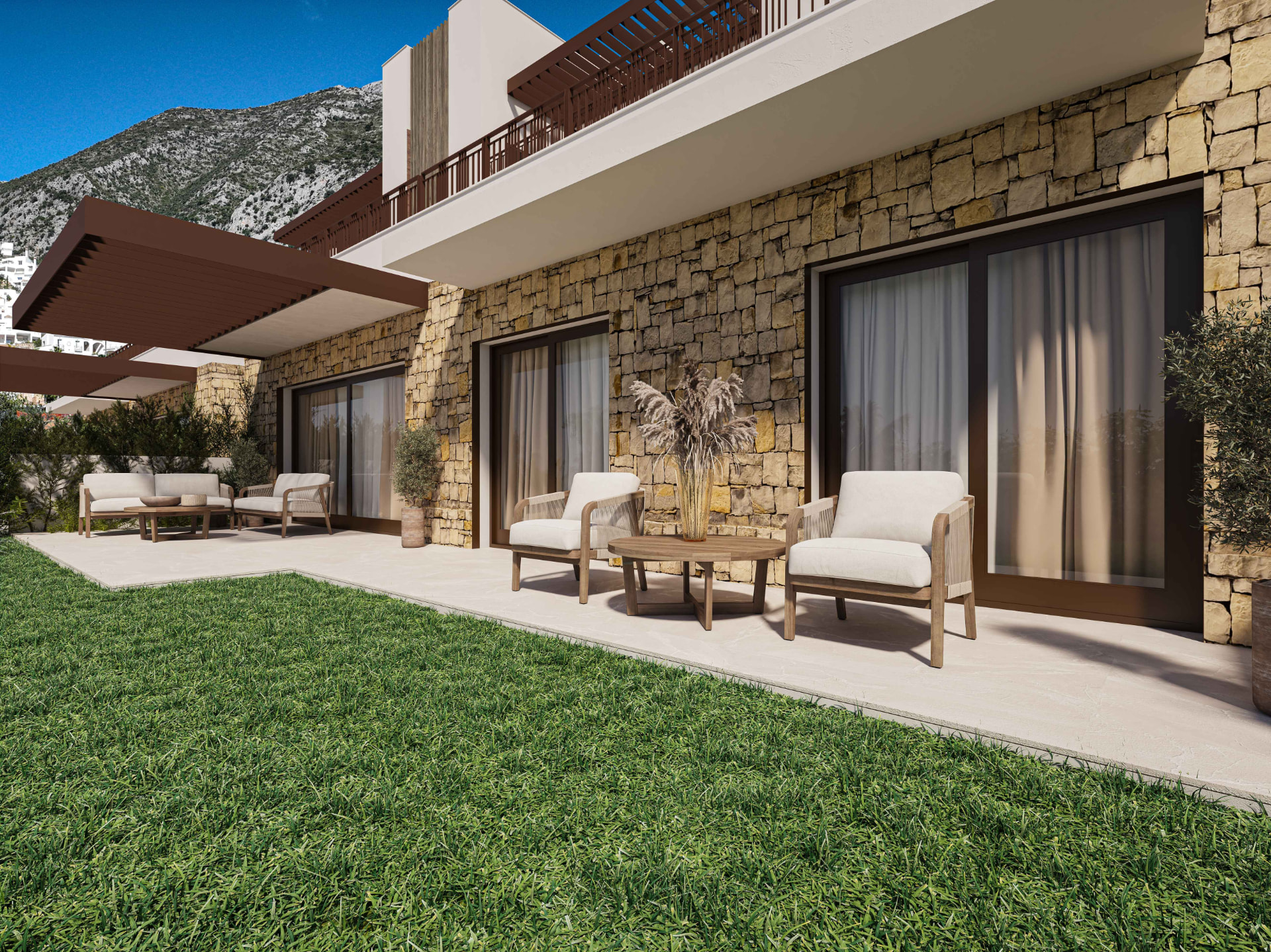 Súkromná terasa prízemného apartmánu so záhradou