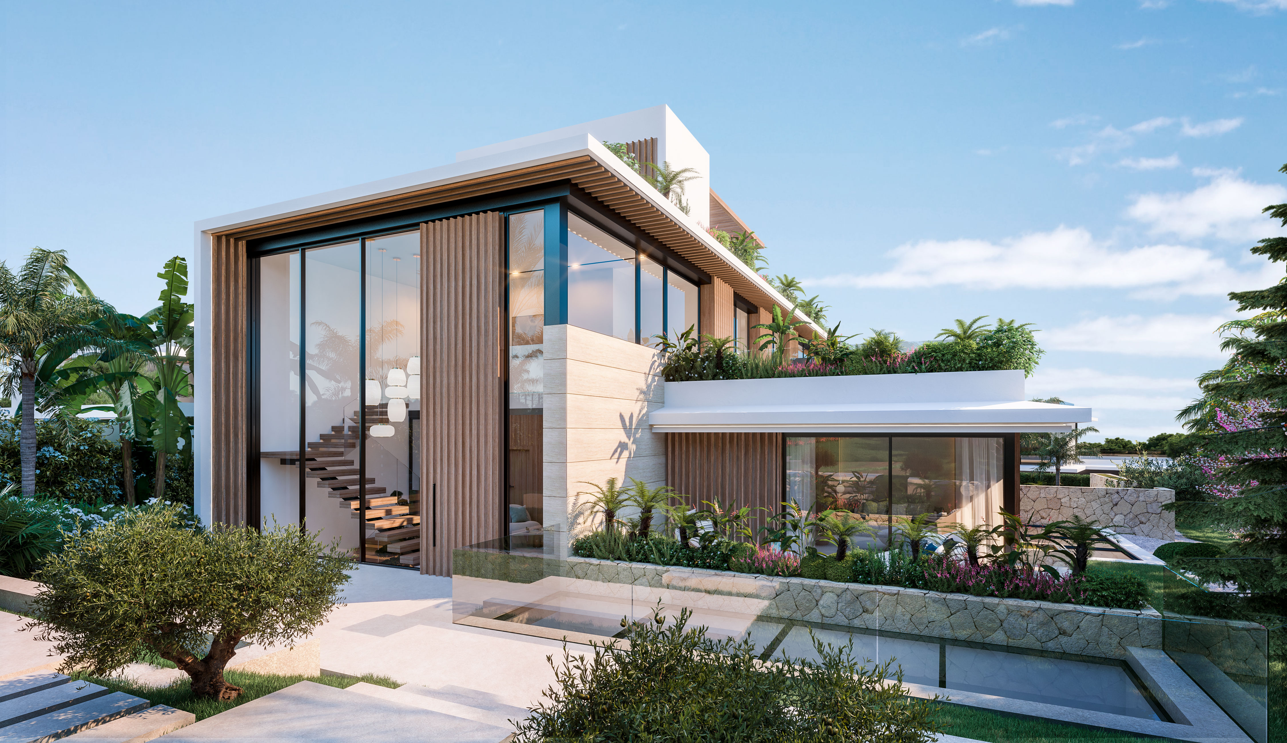 Vstupná časť vily s modernou architektúrou